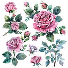 Beautiful romantic flower collection with roses, leaves, floral bouquets, flower compositions