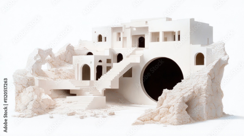 Poster abstract architectural model with stairs and circular openings.
