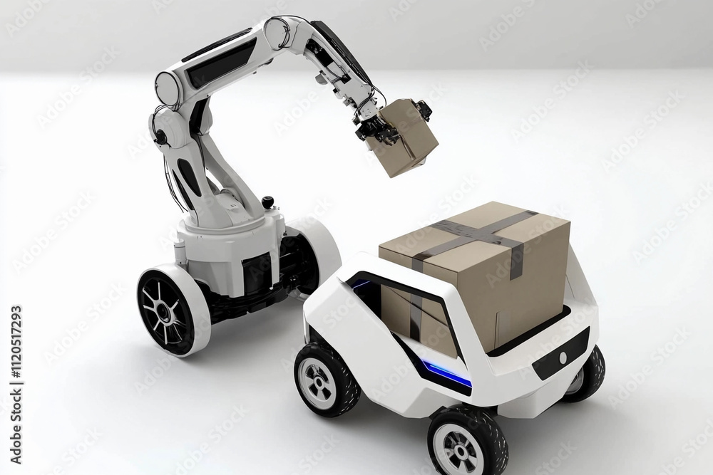 Poster robotic arm loading boxes onto delivery vehicle in warehouse