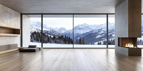 Minimalist interior with mountain view and fireplace
