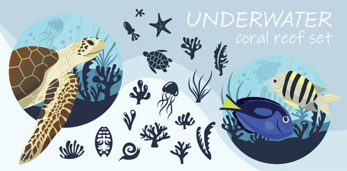 Underwater set includes: Editable EPS file with separate layers for all elements. Individual illustrations of sea turtle, fish, and coral reef. High-resolution preview showing all available elements.