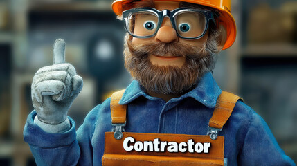 3D Illustration of Contractor Professional Worker in Blue Uniform with Orange Hard Hat