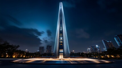 Nighttime City View of a Futuristic Skyscraper with Light Trails from Moving Vehicles.