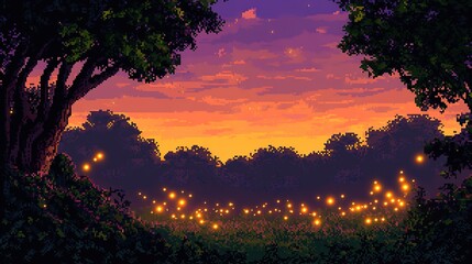 Pixeled sunset with fireflies, trees silhouette, vibrant sky.