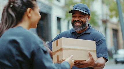 Happy delivery man handing a package to a smiling woman outdoors.