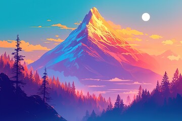 Vibrant sunset hues bathe mountain peak and forest