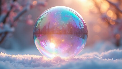 Iridescent Bubble Orb, 3D Rendered Pastel Sphere with Swirling Light and Energy on Snowy Background
