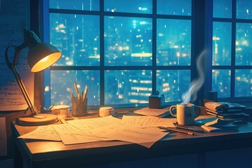 Cozy night-time workspace with warm light and cityscape view