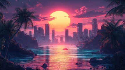 Sunset cityscape with vibrant colors and futuristic vibe.