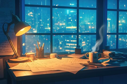 Cozy night-time workspace with warm light and cityscape view