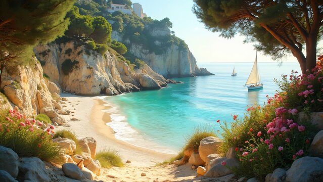 Dreamy Spiaggia del Frate, Secluded Italian Beach Paradise, Turquoise Waters, Limestone Cliffs, Sailboats, Golden Sunlight, Riviera del Conero