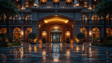 Obraz premium Grand hotel entrance at night, reflecting lights on wet pavement.