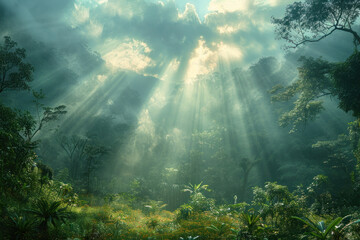 Obraz premium landscape of the morning forest, illuminated by the rays of the sun piercing the fog.