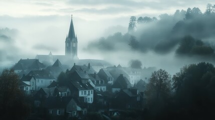 Fog surrounding french village with church steeple emerging from mist