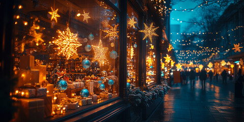 Obraz premium Festive Holiday Retail Window Display with Lights and Decorations in Urban Setting