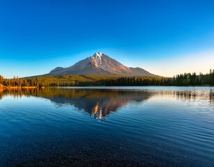 Obraz premium Generated imageVolcanic mountain in morning light reflected in calm waters of lake.