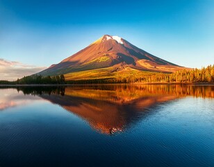 Naklejka premium Generated imageVolcanic mountain in morning light reflected in calm waters of lake.