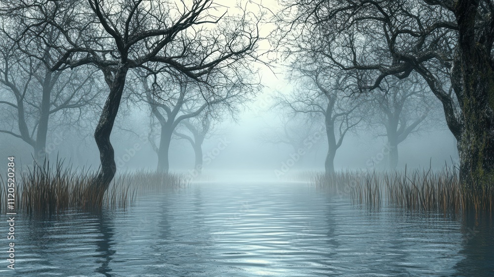 Poster flooded forest with bare trees and fog creating a mysterious atmosphere