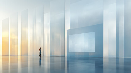 Minimalist abstract architectural interior with a futuristic glass and metal corridor with clean lines and soft reflections