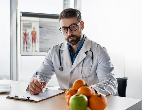 doctor with apple and laptop, National Nutrition
Month - Powered by Adobe