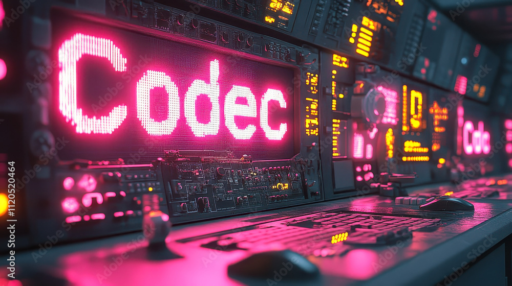 Poster digital codec display in neon lit control room with modern technology interface