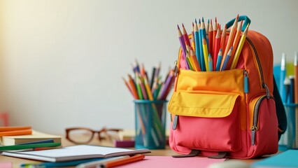Vibrant Colored School Backpack Filled with Colorful Pencils Ready for School, Back to School Supplies Concept