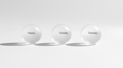 Three transparent spheres displaying the words "Happy" and "Tuesday" on a minimalistic background.