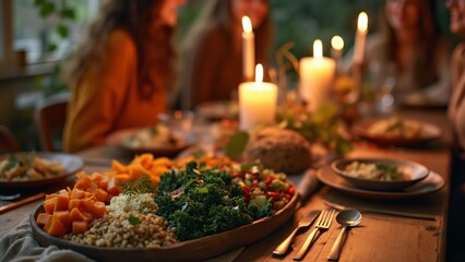 Naklejka premium Cozy Autumn Gathering, Friends Enjoying a Delicious Vegetarian Meal by Candlelight