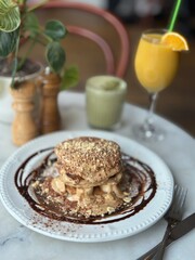 Pancakes with Peanut Butter, Bananas and Chocolate