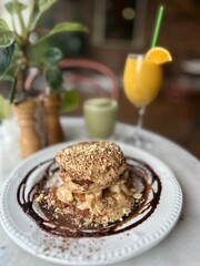 Pancakes with Peanut Butter, Bananas and Chocolate