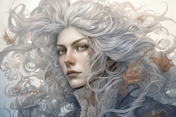 close-up of a woman's face with long, wavy white hair that flutters in the air.  