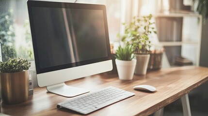 Fototapeta premium Modern workspace with desktop computer, keyboard, mouse, and plants.