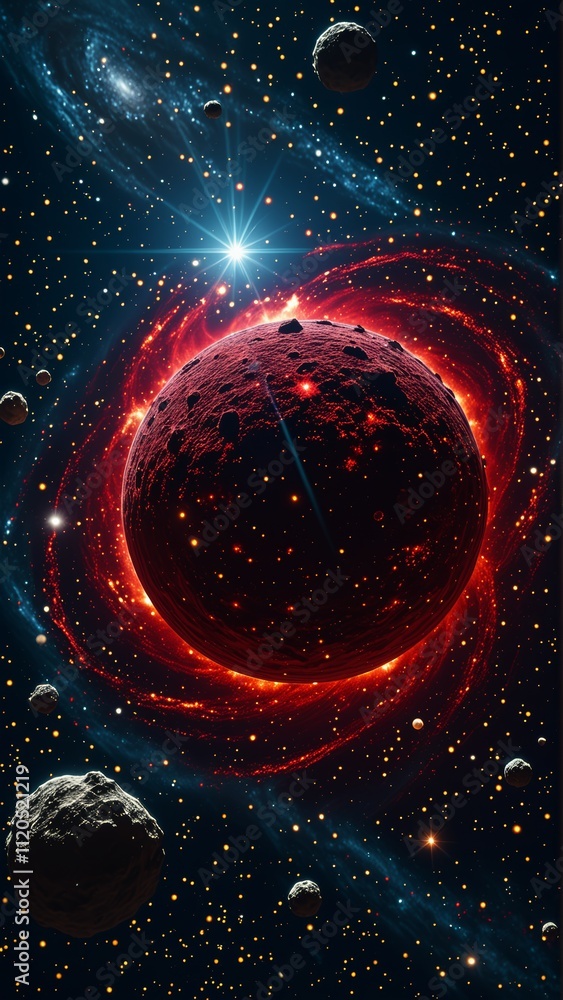 Poster distant red planet surrounded by asteroids and nebula in deep space