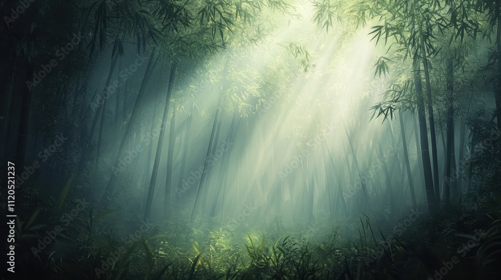 Poster sunbeams filtering through misty bamboo forest creating magical atmosphere