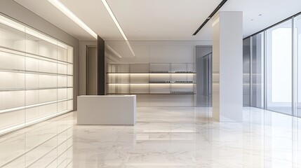 Obraz premium Modern, minimalist interior design featuring a spacious lobby with sleek surfaces.