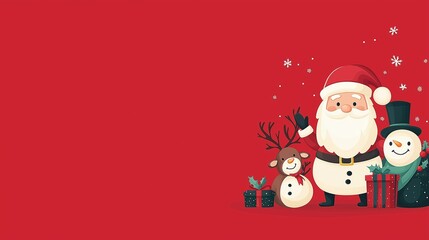 A festive holiday card with Santa Claus, reindeer and a snowman
