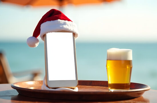 Mockup for text blank smartphone screen in the Santa hat standing on the podes with a glass of beer on sea background. Christmas holidays