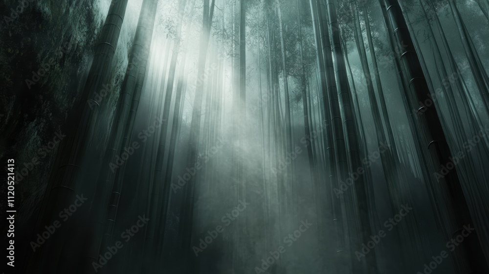 Poster sunbeams filtering through misty bamboo forest creating magical atmosphere