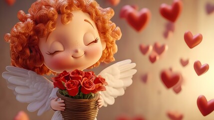 Fototapeta premium Cute angel with curly red hair holding a basket of red roses surrounded by floating hearts in a warm glow with copy space 
