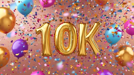 Golden 10K followers balloons with vibrant confetti and colorful balloons celebrating a milestone on a festive background.