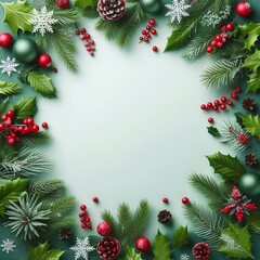Festive background of leaves with snowflakes and berries. Generative AI