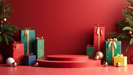 Festive Red Christmas Product Display, Elegant Circular Platform with Gift Boxes and Ornaments