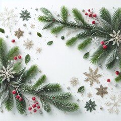 Festive background of leaves with snowflakes and berries. Generative AI
