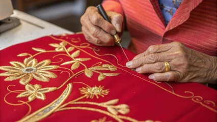 Obraz premium A closeup reveals the tailors hands aged and calloused skillfully embroidering delicate golden motifs onto a vibrant red fabric symbolizing prosperity. Each stitch is precise and