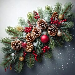Holiday decor with pine cones and ornaments. Generative AI