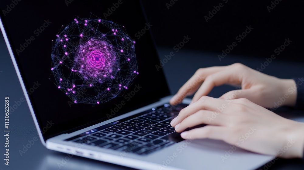Aufkleber hands typing on a laptop displaying a digital network design.