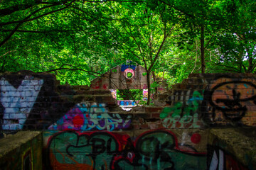 Abandoned Farm Building covered in graffiti