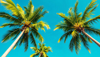 Fototapeta premium Vibrant palm trees against a bright blue sky, evoking relaxation and tropical serenity.