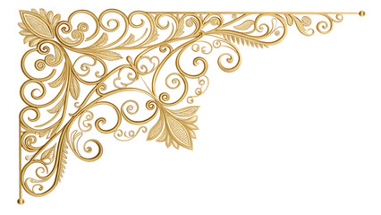 Elegant filigree corner decoration in gold on a transparent background