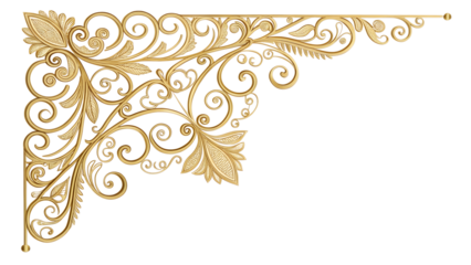 Elegant filigree corner decoration in gold on a transparent background